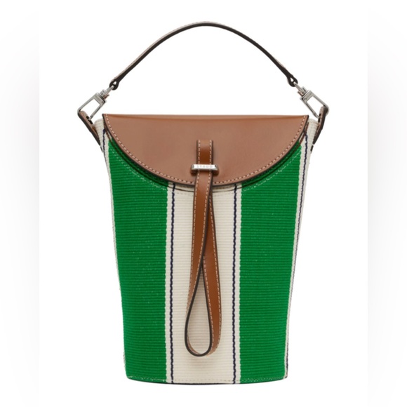 NWT Staud Phoebe Convertible Bucket Bag Bungalow Green Stripe Brown Leather